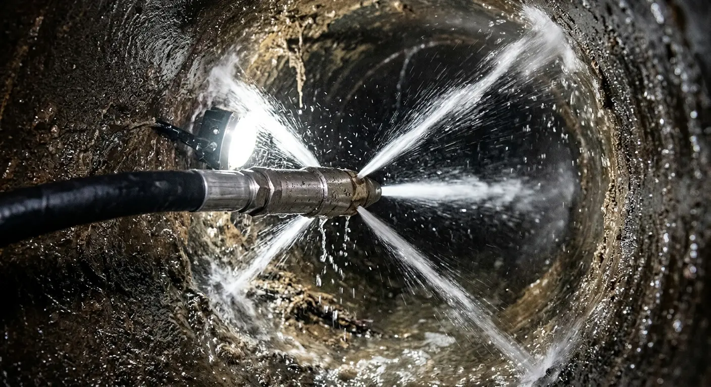 High-pressure hydro jetting nozzle cleaning sewer pipe for Sewer Cleanout in Morgan City