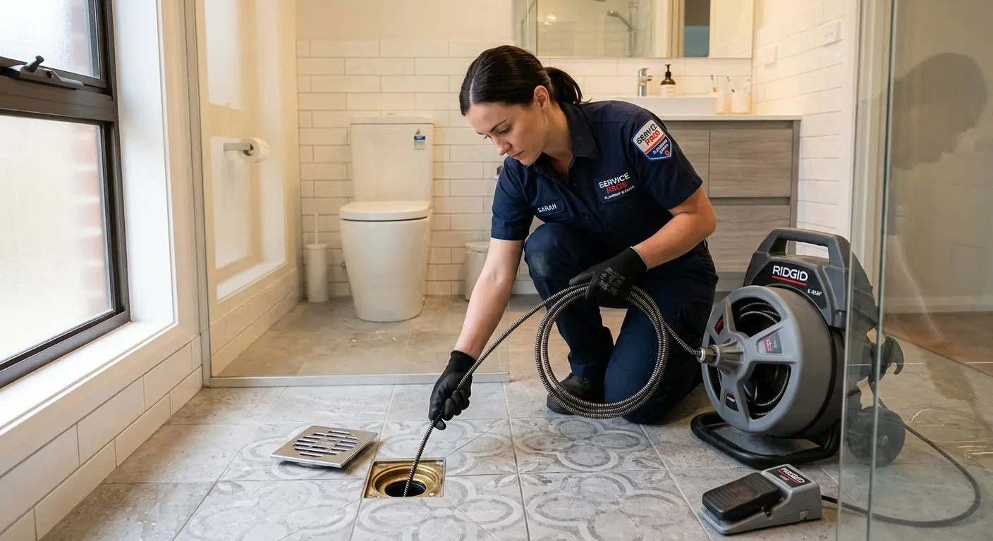 Technician clearing a bathroom floor drain for Hydro Jetting in Morgan City
